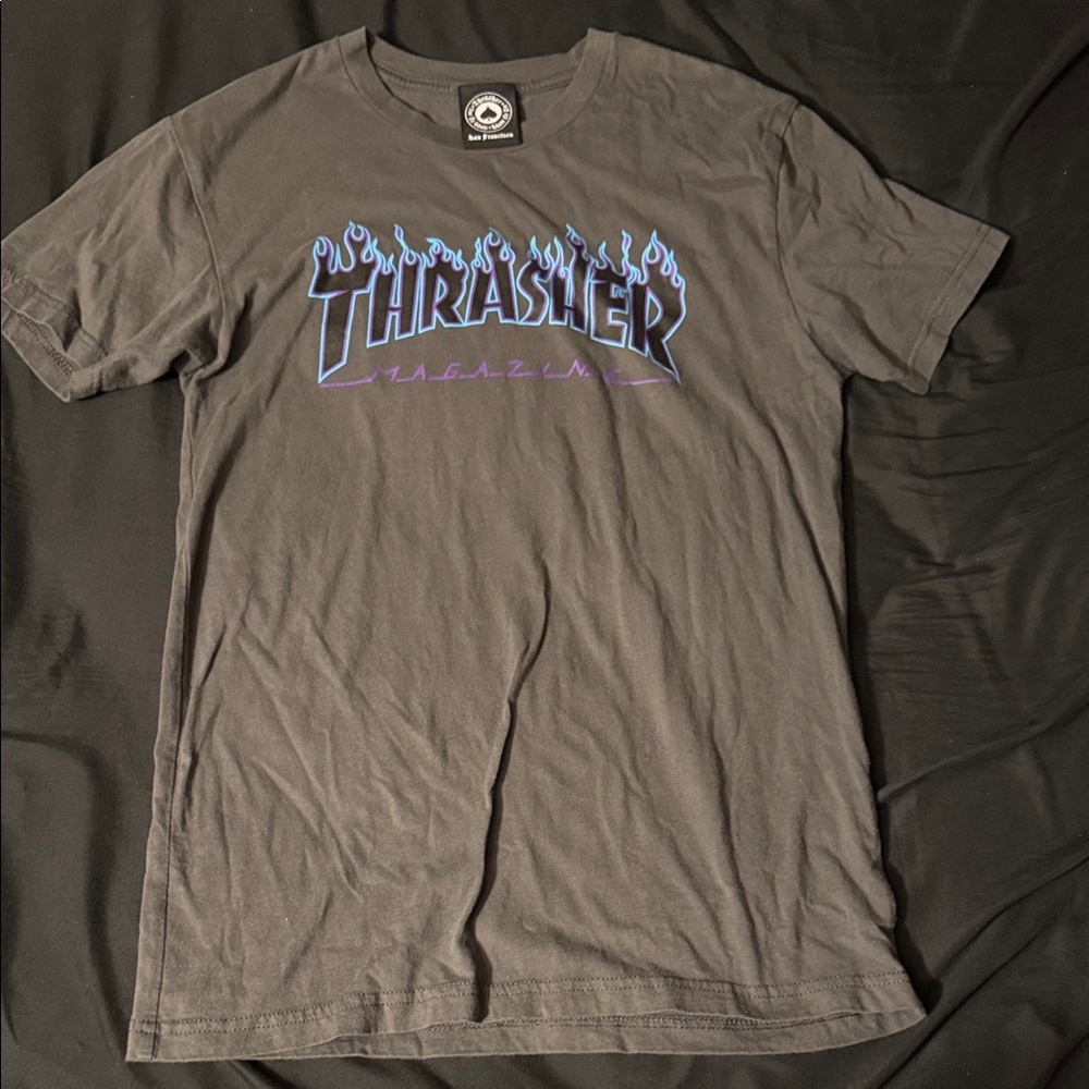 Thrasher Gray Tee with Blue Flame Logo